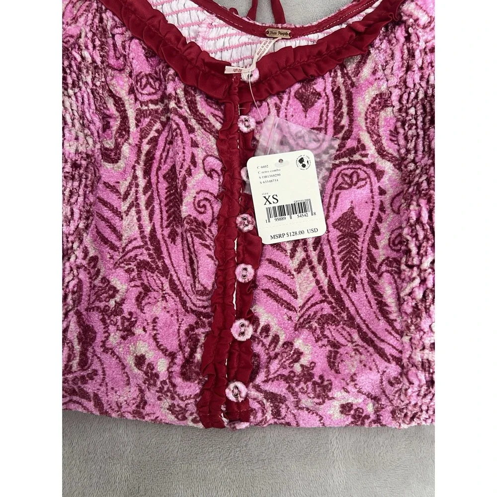 Free People Dare Me Velvet Cropped Blouse Pink Paisley Smocked Cropped Blouse XS